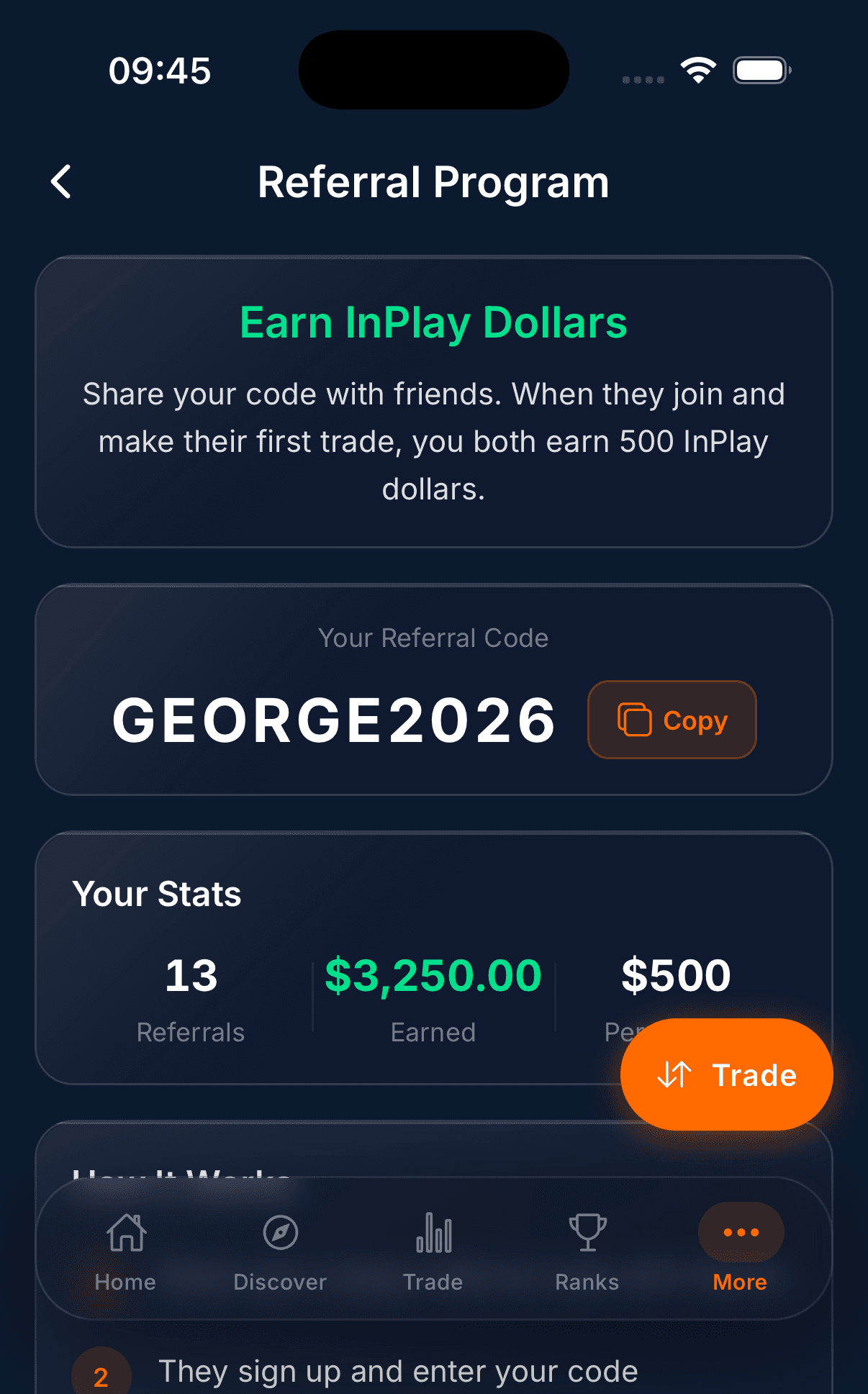 The InPlay app referral program screen, showing your referral link and the simulated funds earned for each friend who signs up
